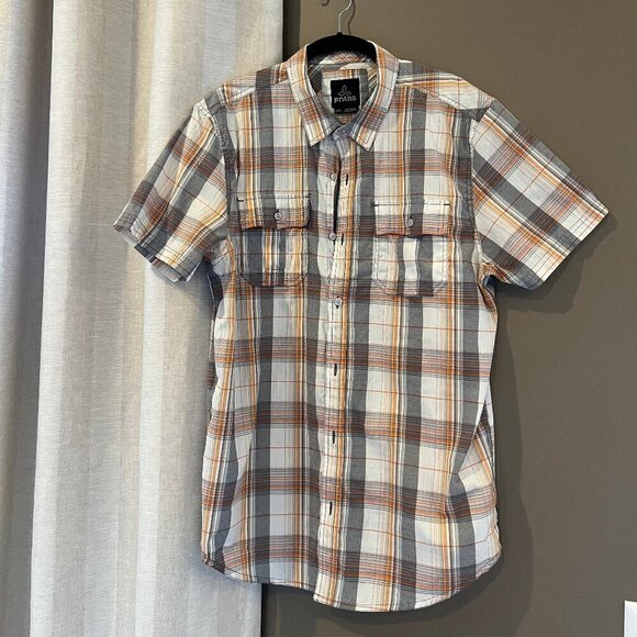 Men's Prana Orange & Gray Plaid Short Sleeve Shirt, Size Large - Picture 1 of 11